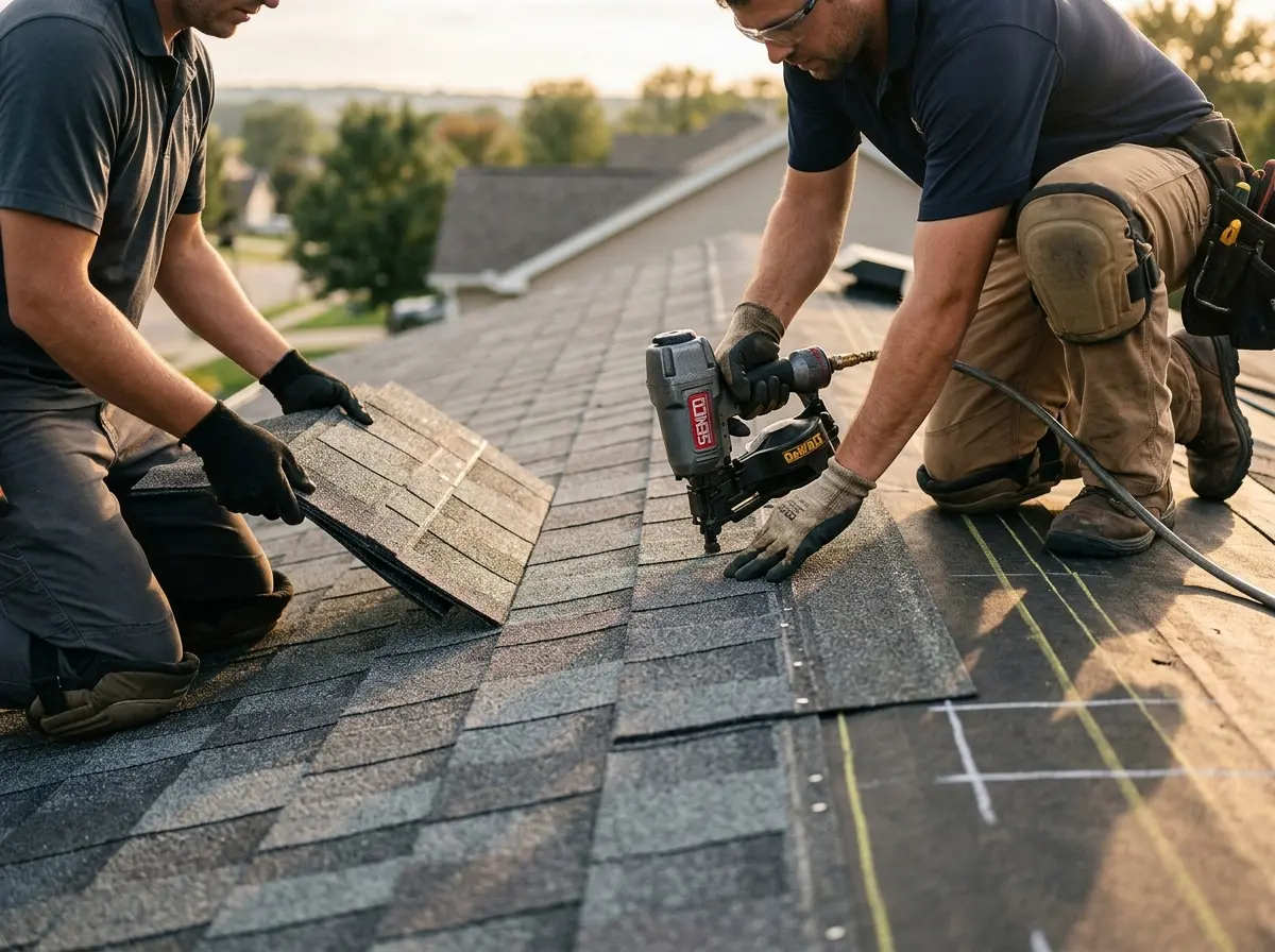 Professional roofer working on a residential roof in Opelousas